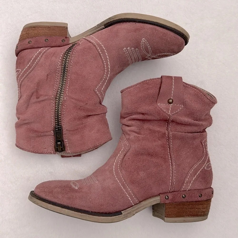 Sundance | Etta Cowboy Western Side Zip Suede Short Boots Pink (EU 36/US 6.5) - Picture 3 of 16